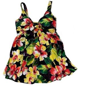 Caribbean Joe Slimshaper Swimdress Black Floral Hibiscus One Piece Women Size 10